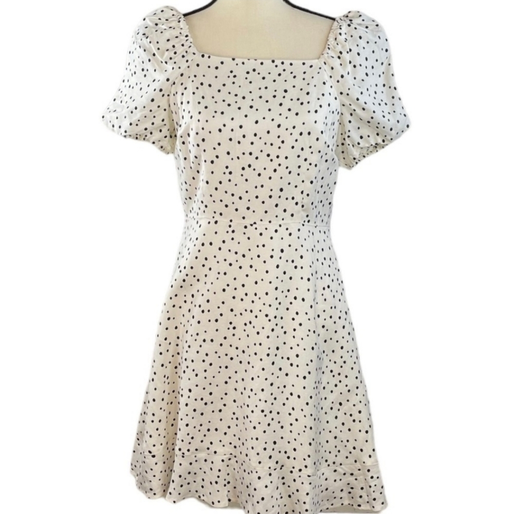 LOFT Linen Blend Polka Dot Puff Sleeve Dress Rockabilly Pinup size 4